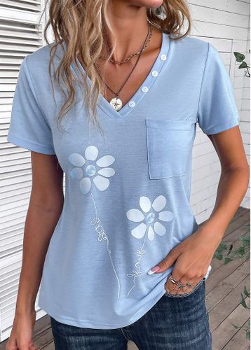 Light Blue Button Floral Print T Shirt - unsigned - Modalova