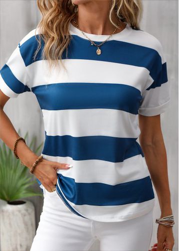 Blue Striped Short Sleeve Round Neck T Shirt - unsigned - Modalova