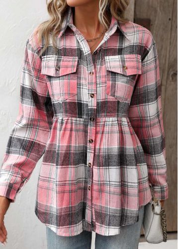 Pink Pocket Plaid Long Sleeve Shirt Collar Blouse - unsigned - Modalova