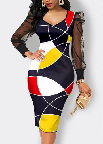 Multi Color Mesh Geometric Print Bodycon Dress - unsigned - Modalova