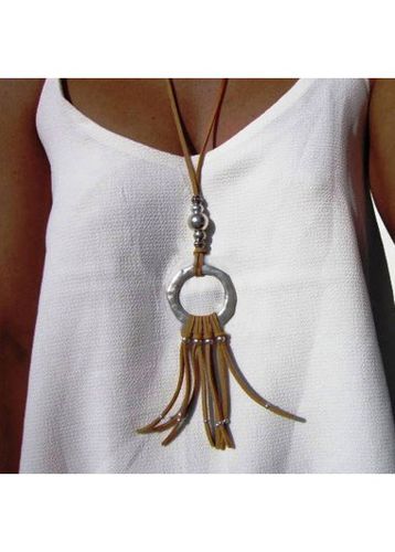 Dark Camel Circular Tassel Detail Necklace - unsigned - Modalova