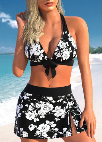 Drawstring High Waisted Floral Print Black Bikini Set - unsigned - Modalova
