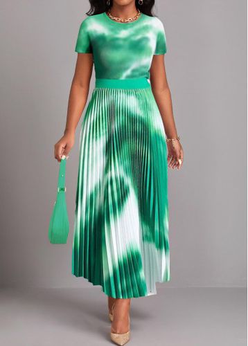 Green Pleated Tie Dye Print Maxi Dress - unsigned - Modalova