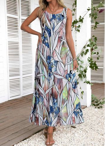 Multi Color Leaf Print Maxi Dress - unsigned - Modalova