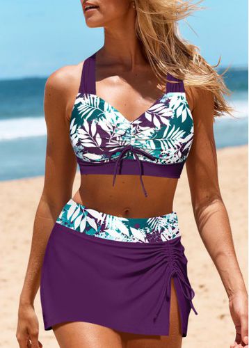 Drawstring Mid Waisted Leaf Print Purple Bikini Set - unsigned - Modalova