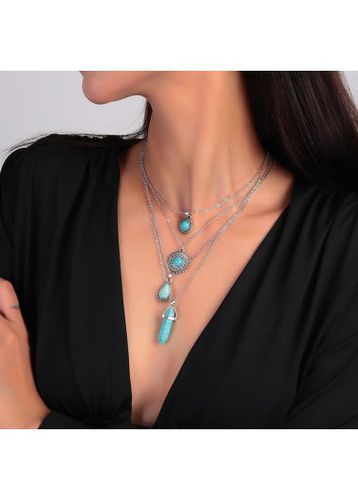 Turquoise Round Layered Deisgn Alloy Necklace - unsigned - Modalova