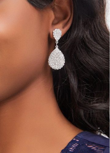 Silvery White Teardrop Design Rhinestone Earrings - unsigned - Modalova