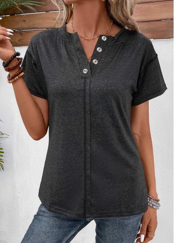 Black Button Short Sleeve Split Neck T Shirt - unsigned - Modalova