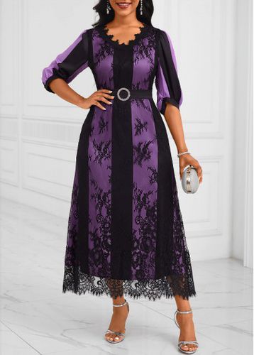 Purple Lace Belted Half Sleeve V Neck Dress - unsigned - Modalova