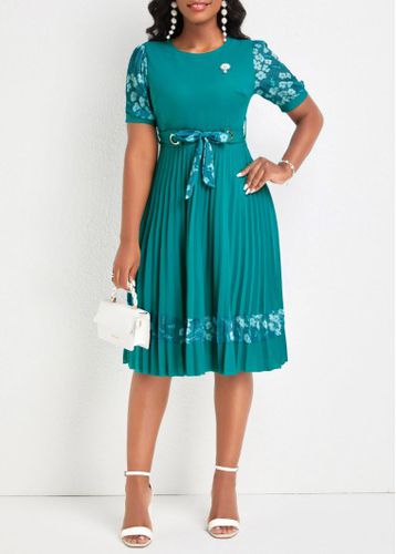 Turquoise Pleated Floral Print Belted Short Sleeve Dress - unsigned - Modalova