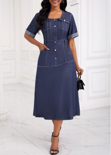 Denim Blue Pocket Button Detail Short Sleeve Dress - unsigned - Modalova