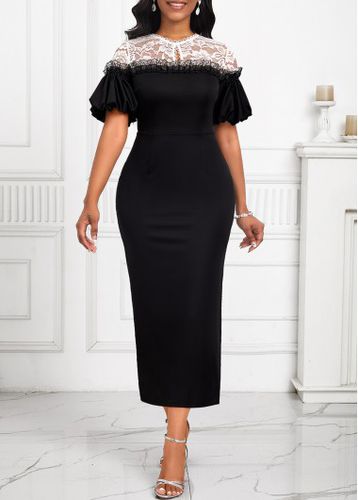 Black Lace Short Sleeve Round Neck Bodycon Dress - unsigned - Modalova