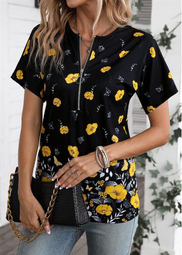 Yellow Zipper Floral Print Short Sleeve T Shirt - unsigned - Modalova