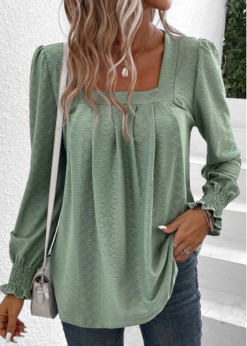 Green Smocked Long Sleeve Square Neck T Shirt - unsigned - Modalova
