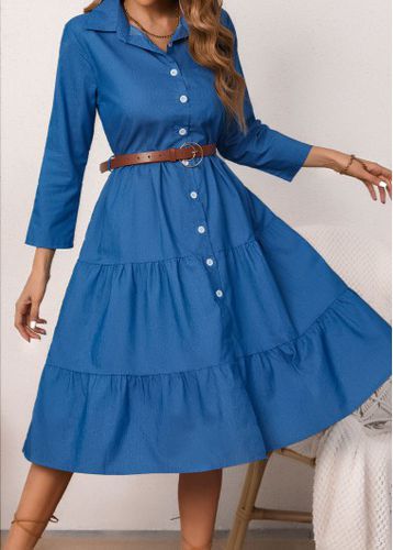 Shirt Collar Denim Blue Button Belted Dress - unsigned - Modalova