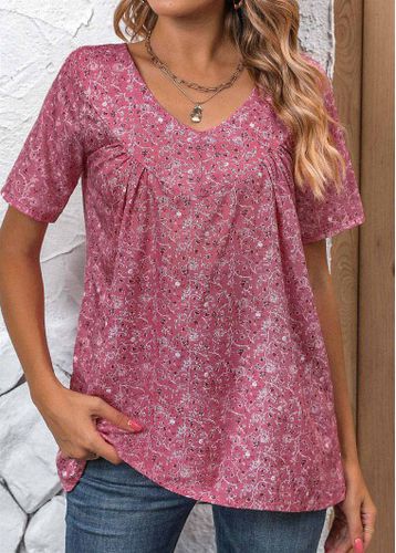Pink Ruched Ditsy Floral Print Short Sleeve Blouse - unsigned - Modalova