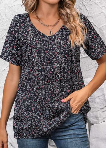 Black Ruched Ditsy Floral Print Short Sleeve Blouse - unsigned - Modalova
