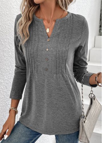 Grey Button Long Sleeve Split Neck T Shirt - unsigned - Modalova