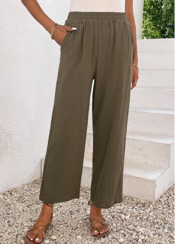 Olive Green Pocket Elastic Waist High Waisted Pants - unsigned - Modalova
