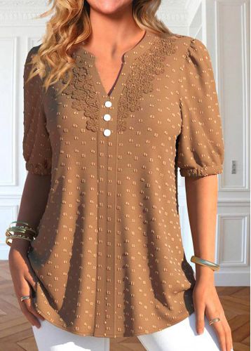 Dark Camel Lace Short Sleeve Split Neck Blouse - unsigned - Modalova