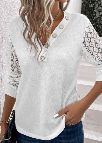 White Button Long Sleeve V Neck T Shirt - unsigned - Modalova