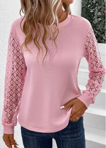 Pink Lace Long Sleeve Round Neck T Shirt - unsigned - Modalova