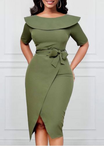 Sage Green Belted Short Sleeve Bodycon Dress - unsigned - Modalova