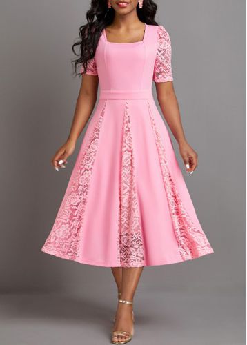 Pink Patchwork Half Sleeve Square Neck Dress - unsigned - Modalova