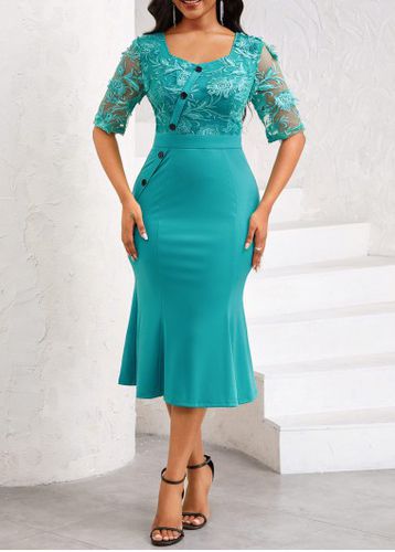 Turquoise Mermaid Half Sleeve Square Neck Bodycon Dress - unsigned - Modalova
