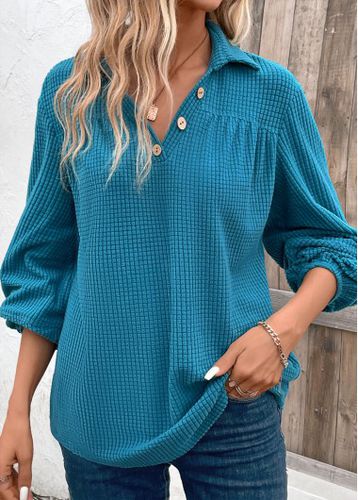 Peacock Blue Ruched Long Sleeve Shirt Collar Blouse - unsigned - Modalova
