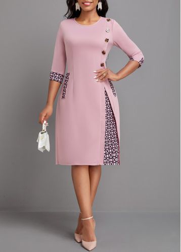 Pink Button Geometric Print A Line Dress - unsigned - Modalova