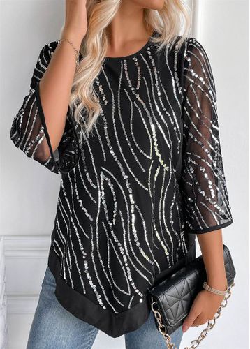 Black Sequin Three Quarter Length Sleeve Blouse - unsigned - Modalova