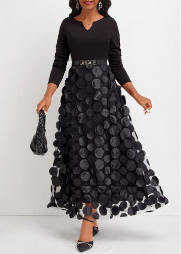 Black Patchwork Long Sleeve Split Neck Maxi Dress - unsigned - Modalova