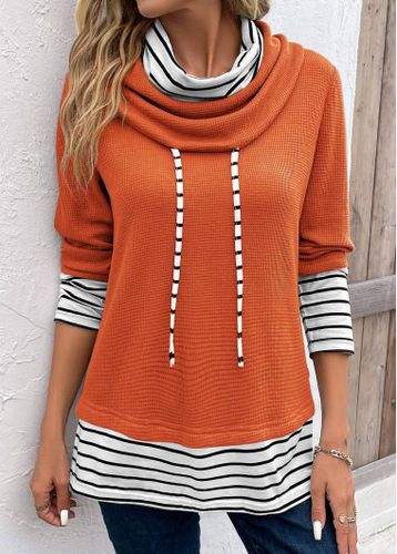 Orange Patchwork Striped Long Sleeve Cowl Neck Sweatshirt - unsigned - Modalova