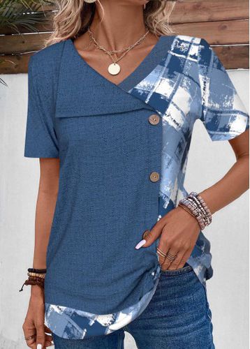 Denim Blue Patchwork Geometric Print T Shirt - unsigned - Modalova