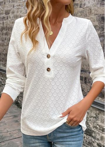 White Button Long Sleeve Split Neck T Shirt - unsigned - Modalova