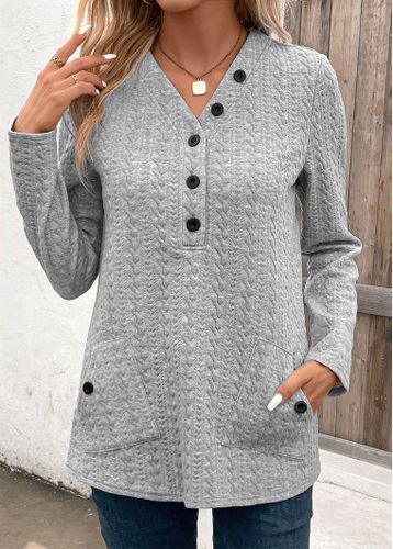 Light Grey Pocket Long Sleeve V Neck Sweatshirt - unsigned - Modalova