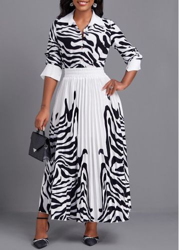 White Pleated Zebra Stripe Print Maxi Top and Skirt - unsigned - Modalova