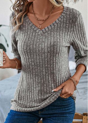 Grey Long Sleeve V Neck T Shirt - unsigned - Modalova