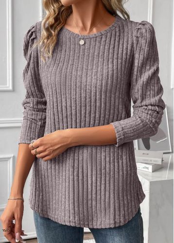 Grey Ruched Long Sleeve Round Neck T Shirt - unsigned - Modalova