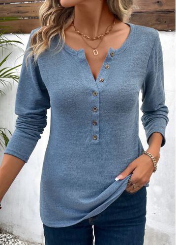 Dusty Blue Button Long Sleeve Split Neck T Shirt - unsigned - Modalova