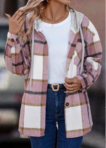 Pink Button Plaid Long Sleeve Hooded Coat - unsigned - Modalova