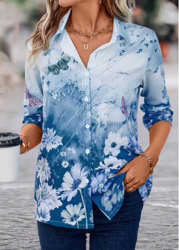 Blue Button Floral Print Long Sleeve Blouse - unsigned - Modalova