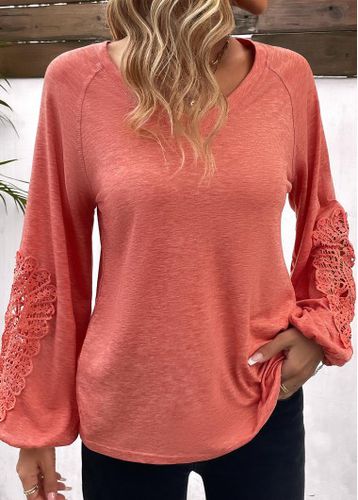 Coral Patchwork Long Sleeve Round Neck T Shirt - unsigned - Modalova