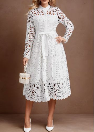 White Lace Belted Long Sleeve Stand Collar Dress - unsigned - Modalova