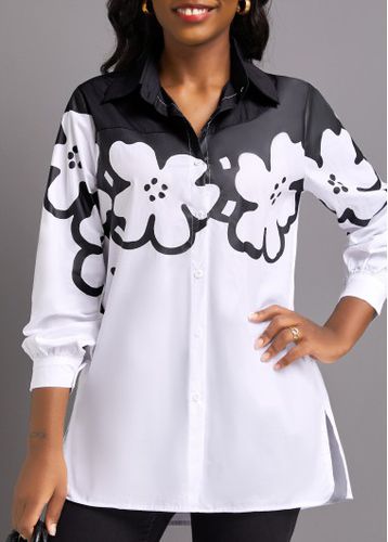 Black Button Floral Print Long Sleeve Shirt Collar Blouse - unsigned - Modalova