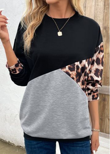 Black Patchwork Leopard Long Sleeve Round Neck Sweatshirt - unsigned - Modalova