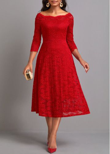 Red Lace Three Quarter Length Sleeve Dress - unsigned - Modalova