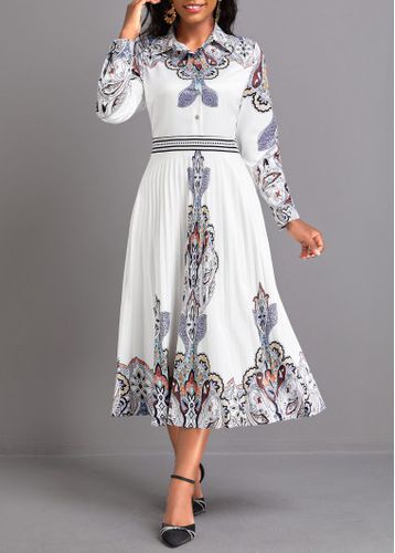 White Pleated Tribal Print Long Sleeve Dress - unsigned - Modalova