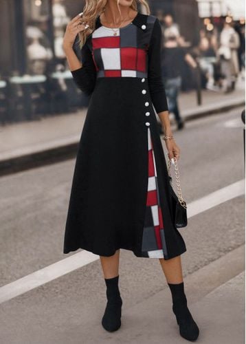 Black Button Plaid Three Quarter Length Sleeve Dress - unsigned - Modalova